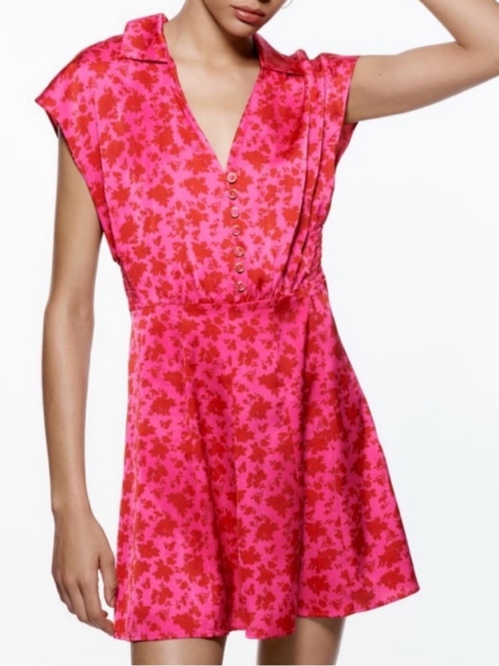 Zara Bright Pink and Red Floral V-Neck Mini Dress